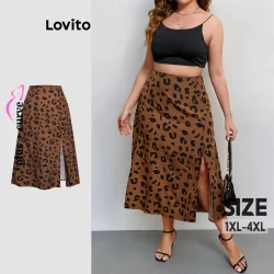 Lovito Saia Plus Size Curva Elegante Leopardo Estampada Dividida para Mulheres LBL20055