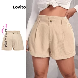 Lovito Shorts plissados de botão liso casual plus size curvo para mulheres LBL14579