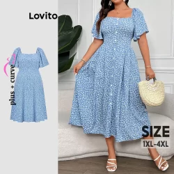 Lovito Plus Size Curve Casual Ditsy Floral Botão Frente Vestido Cinto para Mulheres LBL21061