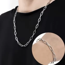 Kit Colar e Pulseira Elo Oval Prata Conjunto Aço Inox Cirúrgico Inoxidável