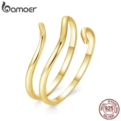 Bamoer 925 Sterling Sliver Anel Aberto Multi-Camadas Simples Cor Dourada Moda Joias Presentes Para Mulheres