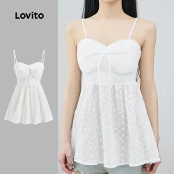 Lovito Regata Casual Com Ilhó Liso Bordado Alface Guarnição Com Cadarço Top Cami Para Mulheres LNE17042 (Branco)