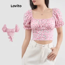 Lovito Blusa elegante com renda floral e flores Ditsy para mulheres L108ED629