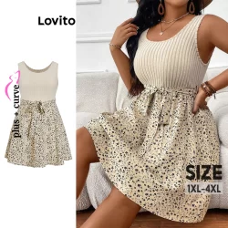 Lovito Vestido Curvo Plus Size Elegante Tecido De Bolinhas Costura Gravata Frontal Vestido Para Mulheres LBL16141