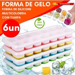Kit 06 Forma Forminha de Gelo com Tampa Fundo Silicone Papinha Cubo Gelo Flexível Higiênica Empilhável