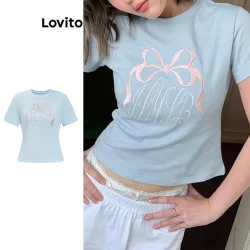 Lovito Camiseta Formal Com Laço E Letras Para Mulheres L91AD308