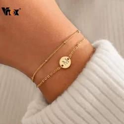 Pulseiras Iniciais De Ouro Vnox Para Meninas E Mulheres , Pulseira De Disco Com Letras De Contas Em Camadas Delicado