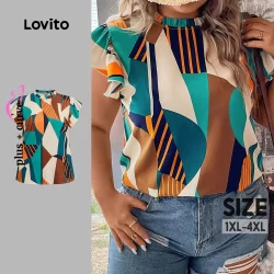 Lovito Blusa feminina Plus Size curva Casual Patchwork com babados LBL24339
