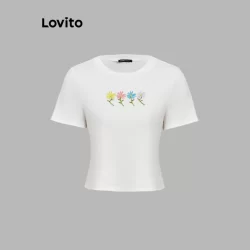 (Trendy) Lovito Camiseta Casual Bordada Verão/Primavera Para Mulheres L112ED660