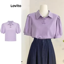 Lovito Casual Camiseta Feminina Lisa de Jacquard com Botão L74ED233